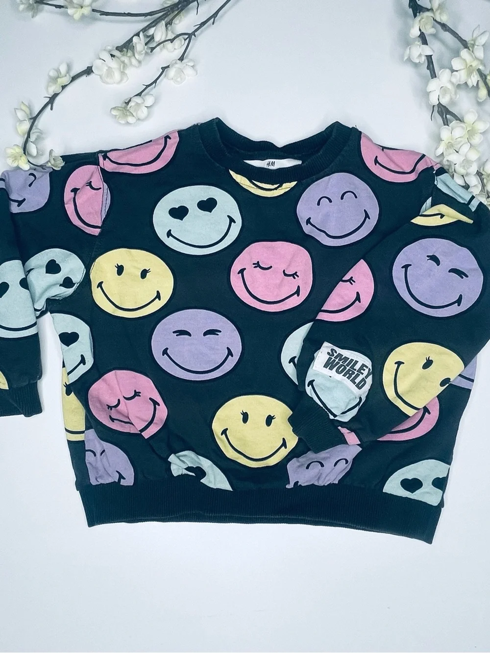 H&M Black Sweatshirt with Pastel Multicolor Smiley Faces